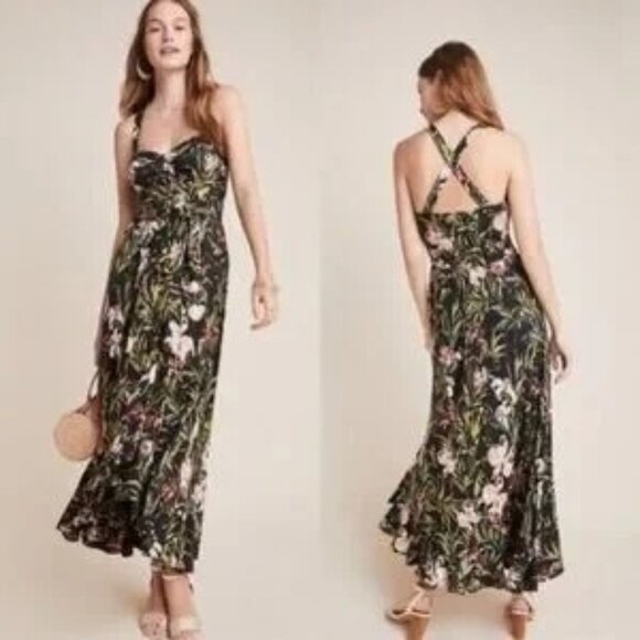 Anthropologie Maeve Gabriela Ruffled Black Floral Maxi Sweetheart Neck Dress L - Picture 2 of 16